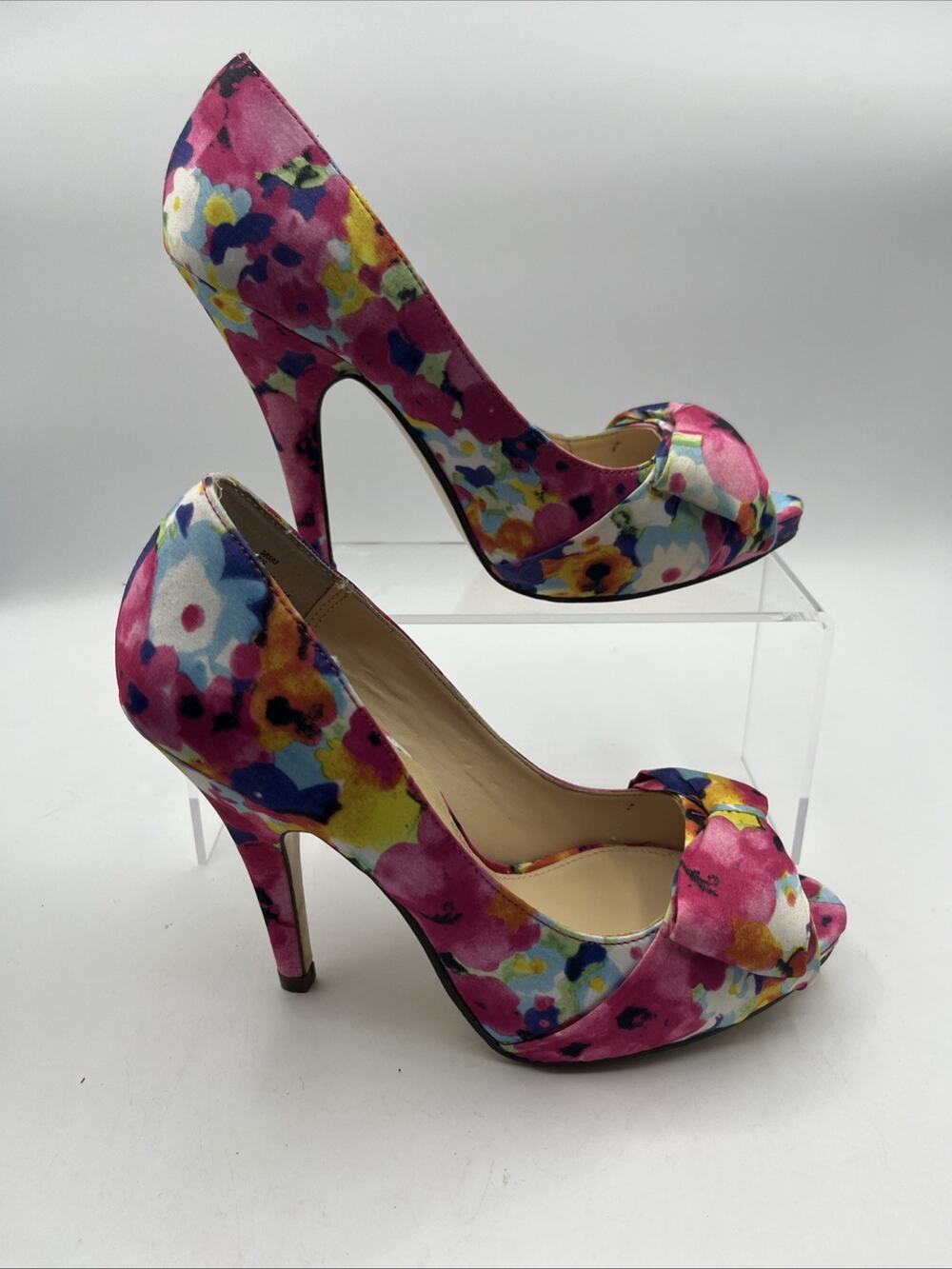 Bongo Womens Floral Peep Toe Bow Pumps Pink Multicolor Stiletto Heels Size 8 NEW